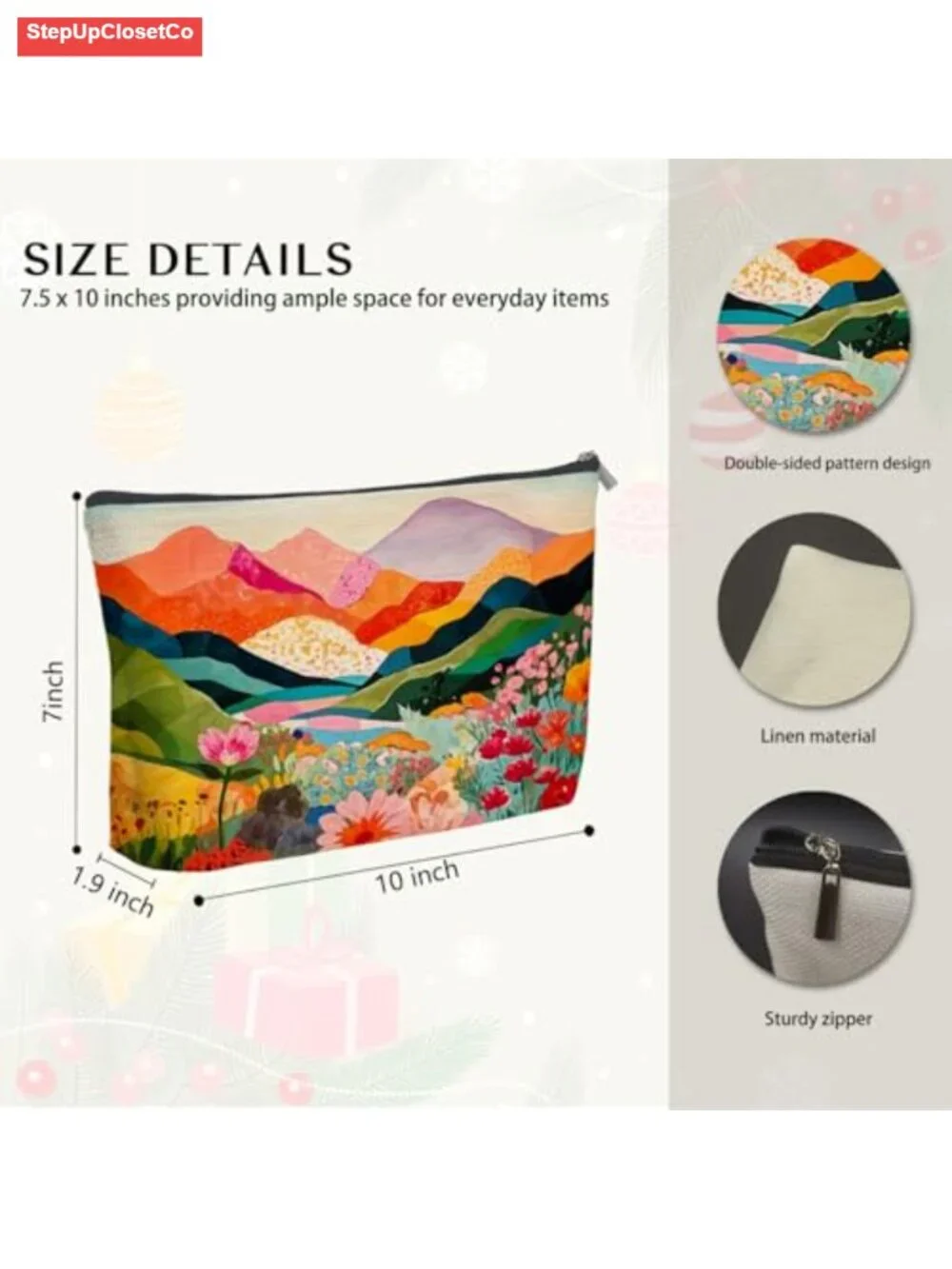 Abstract Mountain Linen Makeup Bag, Boho Floral Cosmetic Pouch, Travel Toiletry